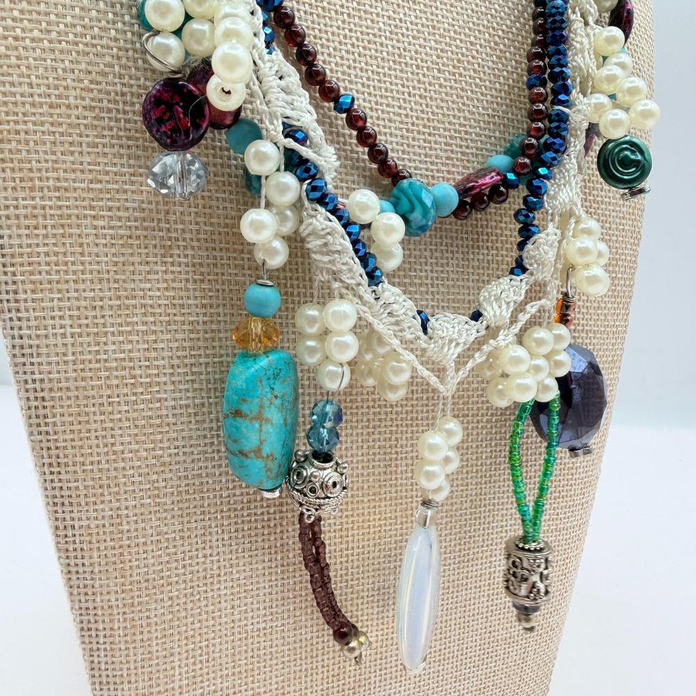 Vintage Y2K Multi Strand Beaded Turquoise Pearl Necklace Boho Statement Jewelry - Picture 4 of 14